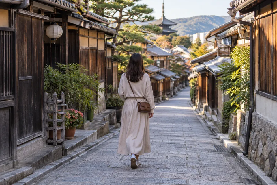 일본의 조용한 골목을 천천히 걸으며 둘러보는 여행자