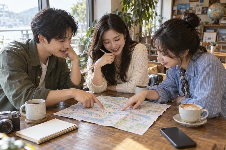 카페에서 지도와 노트를 펴고 여행 계획을 함께 이야기하는 친구들