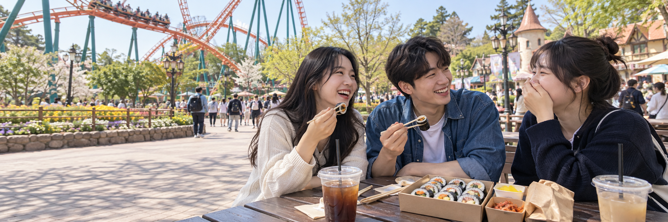 야외 놀이공원에서 김밥을 나누며 웃는 젊은 친구들